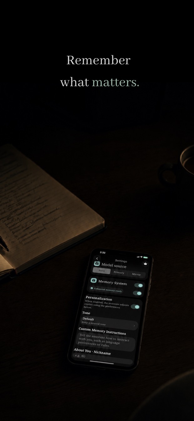 Morai memory settings on an iPhone beside a notebook at night.